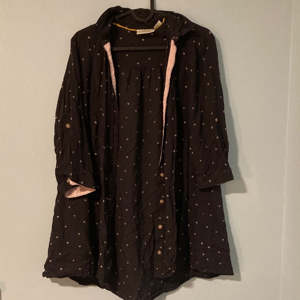 Maeve Black Button Down Shirt with Pink Polka Dots